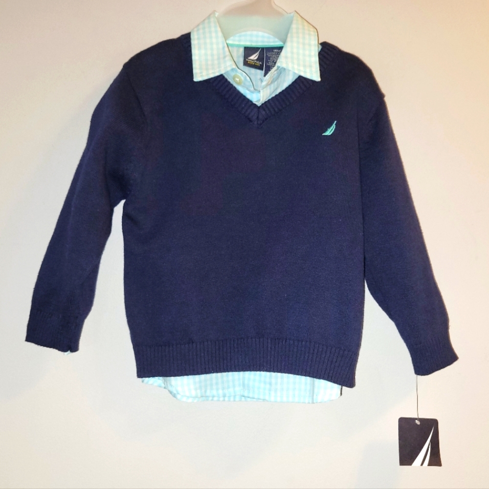 🆕️ Nautica Toddler Boys Navy Sweater Checked Button Down Shirt Set 18 Months